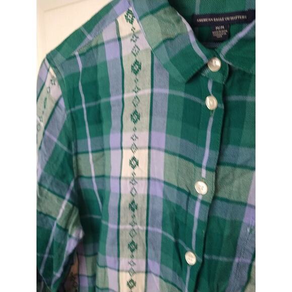 American Eagle Outfitters Woman M Shirt Green Plaid Collared Front Button - Picture 4 of 9